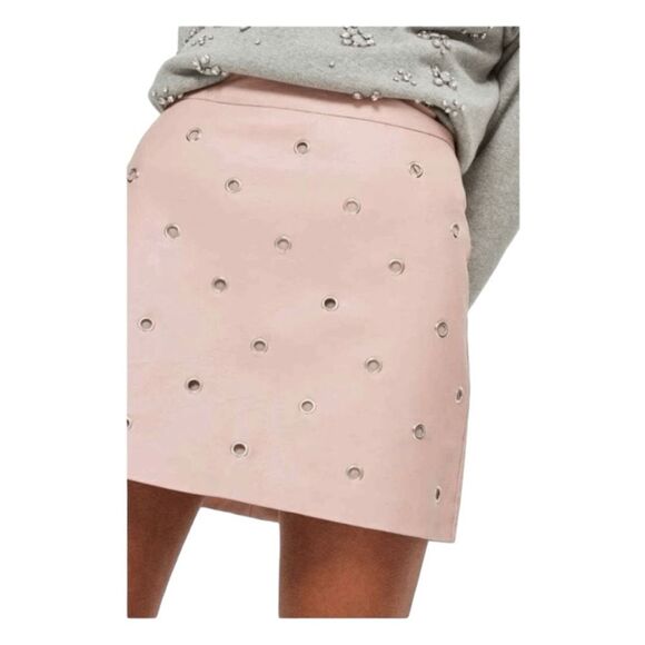 Topshop Mini Skirt Pink Faux Leather Grommet Embellished High Waisted Sz 5 - Picture 1 of 8
